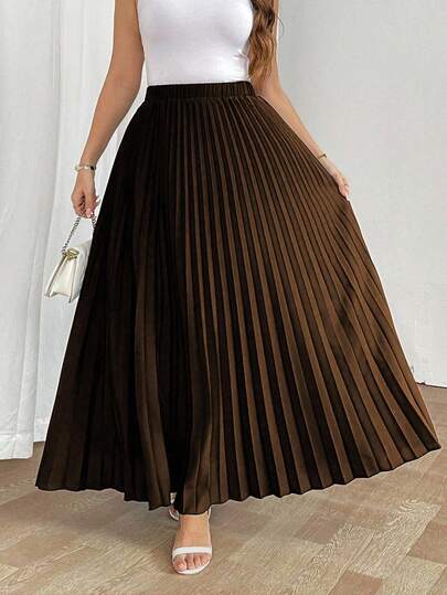SHEIN Tall تنورة نسائية فضفاضة مطوية بخصر مطاطي، أنيقة وكاجوال للعطلات، باللون الأسود، مقاس كبير