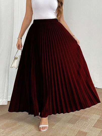 SHEIN Tall تنورة نسائية فضفاضة مطوية بخصر مطاطي، أنيقة وكاجوال للعطلات، باللون الأسود، مقاس كبير الحجم