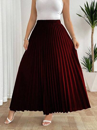 SHEIN Tall تنورة نسائية فضفاضة مطوية بخصر مطاطي، أنيقة وكاجوال للعطلات، باللون الأسود، مقاس كبير الحجم