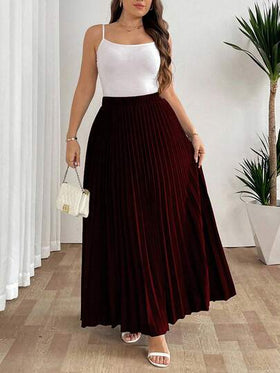 SHEIN Tall تنورة نسائية فضفاضة مطوية بخصر مطاطي، أنيقة وكاجوال للعطلات، باللون الأسود، مقاس كبير الحجم