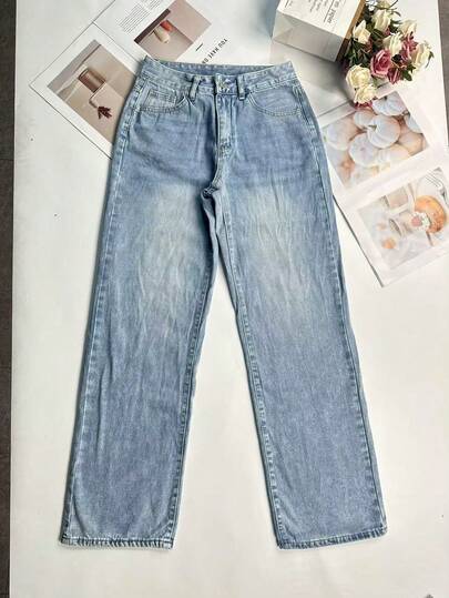بنطلون جينز نسائي أزرق فاتح مغسول ذو خصر منخفض وساق مستقيمة، بنطلون فضفاض كاجوال عتيق الطراز للربيع