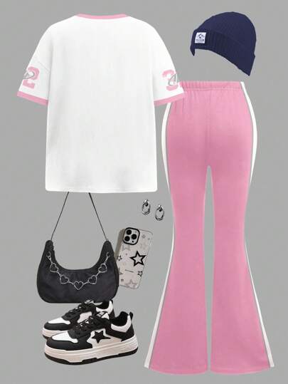 SHEIN Leap Crew مجموعة قميص كاجوال بأكمام قصيرة وبنطال واسع للفتيات المراهقات، بتصميم رياضي عتيق وطباعة أرقام الشارع باللون الوردي الفاتح، مناسبة للخريف