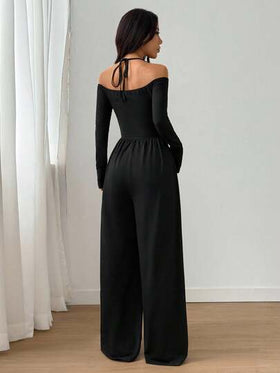 SHEIN Unity جمبسوت كاجوال للنساء بأكتاف مكشوفة وساق واسعة وطيات