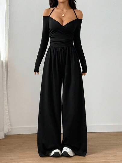 SHEIN Unity جمبسوت كاجوال للنساء بأكتاف مكشوفة وساق واسعة وطيات