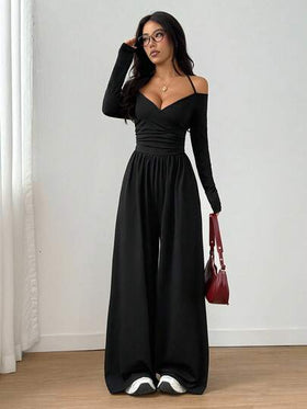 SHEIN Unity جمبسوت كاجوال للنساء بأكتاف مكشوفة وساق واسعة وطيات