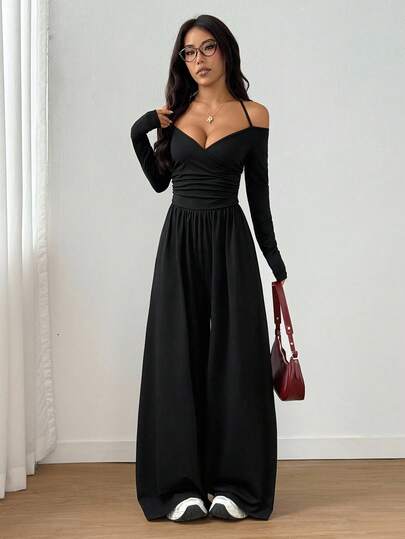 SHEIN Unity جمبسوت كاجوال للنساء بأكتاف مكشوفة وساق واسعة وطيات