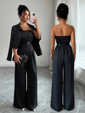 Selianne جمبسوت أنيقة بدون أكتاف مخططة باللونين الأسود والأبيض مع تصميم ظهر مكشوف + جاكيت قصير، طقم نسائي مكون من قطعتين، خريف/شتاء