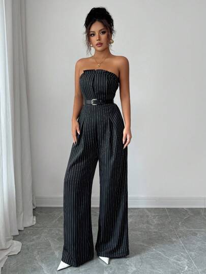 Selianne جمبسوت أنيقة بدون أكتاف مخططة باللونين الأسود والأبيض مع تصميم ظهر مكشوف + جاكيت قصير، طقم نسائي مكون من قطعتين، خريف/شتاء
