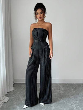 Selianne جمبسوت أنيقة بدون أكتاف مخططة باللونين الأسود والأبيض مع تصميم ظهر مكشوف + جاكيت قصير، طقم نسائي مكون من قطعتين، خريف/شتاء