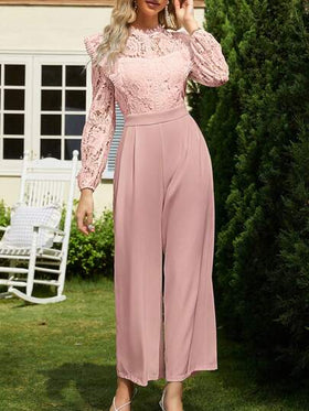 Simplee جمبسوت أنيقة للنساء بلون أحادي مع تصميم من الدانتيل، أكمام طويلة، مناسبة للربيع والصيف
