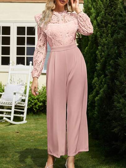 Simplee جمبسوت أنيقة للنساء بلون أحادي مع تصميم من الدانتيل، أكمام طويلة، مناسبة للربيع والصيف