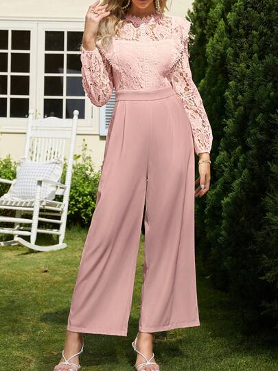 Simplee جمبسوت أنيقة للنساء بلون أحادي مع تصميم من الدانتيل، أكمام طويلة، مناسبة للربيع والصيف