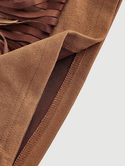 SHEIN MOD مجموعة قطعتين من الجلد الأحمر البني مع الشراريب، مناسبة لحفلات الموسيقى والملابس الغربية، مجموعة قطعتين للنساء باللون البني، ملابس خريفية وشتوية للنساء، ملابس لحفلات الموسيقى الريفية، للخروج