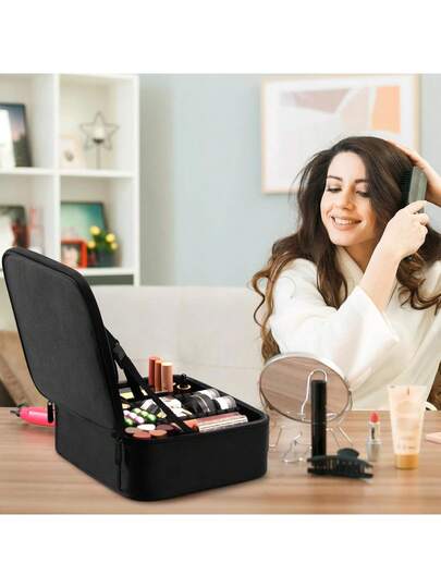 1 حقيبة تخزين مستحضرات التجميل للسفر، صندوق تخزين مستحضرات التجميل، حقيبة منظم محمول للفنان المكياج مع أقسام قابلة للتعديل، يمكن تخزين مستحضرات التجميل وفرش المكياج والمستلزمات الشخصية والمجوهرات والإكسسوارات الرقمية، ويمكن استخدامها أيضًا كديكور للغرفة أ