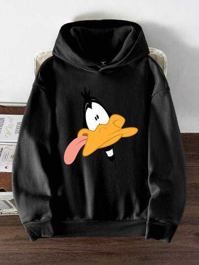 Looney Tunes X Manfinity Manfinity Joysei هودي سميك بتصميم فضفاض وكبير الحجم للرجال باللون الأسود