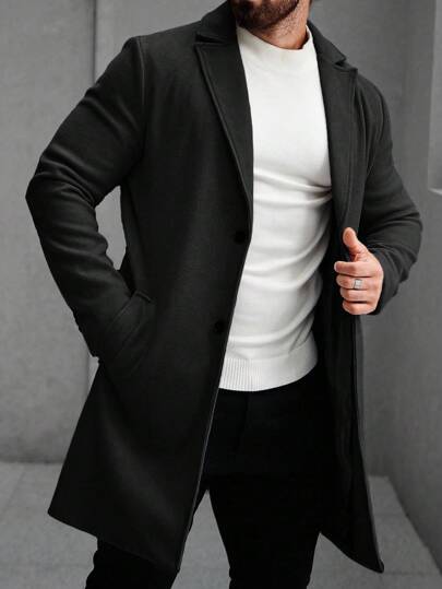 Manfinity Mode معطف طويل الأكمام بجيب وأزرار أمامية بلون أحادي، ملابس خريفية وشتوية