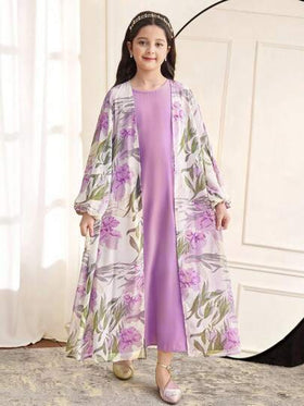 SHEIN مجموعة من قطعتين تتكون من: 1- جاكيت كبير الحجم بأكمام طويلة مطبوع بطبعات زهرية أنيقة للفتيات المراهقات 2- فستان أرجواني ذو رقبة دائرية بدون أكمام، مناسب للربيع والصيف