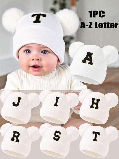 قبعة رضيع مصنوعة من الأحرف الإنجليزية من A إلى Z 26 حرف، قبعة بيني مزدوجة الكرات للأطفال الصغار والرضع للبنين والبنات، إكسسوارات للأطفال، قبعات مرنة للشتاء والربيع