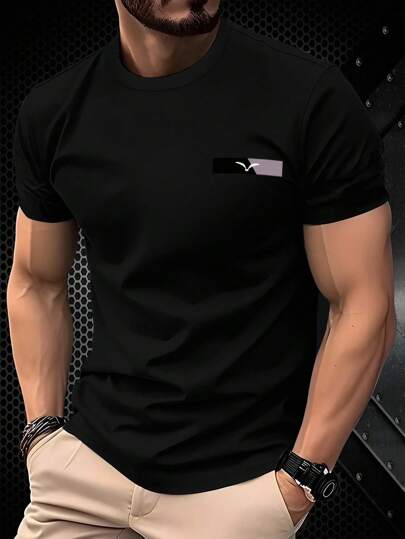 Manfinity Homme قميص تي شيرت كاجوال بياقة طاقم وأكمام قصيرة مطبوع بطباعة جرافيك مناسب للرجال ذو قصة ضيقة، صيفي