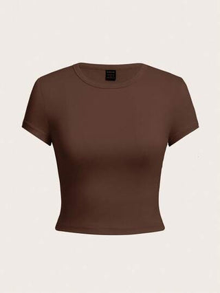 EZwear 4 قطع/مجموعة تيشيرت نسائي بأكمام قصيرة وياقة مستديرة ضيق، ذو لون أحادي مناسب للصيف