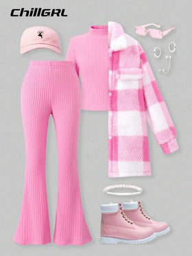 SHEIN ChillGRL طقم ملابس للمراهقات 3قطع لون وردي: جاكيت بياقة منقوشة بأكمام طويلة و تيشيرت رقبة عالية أكمام طويلة و بنطال واسع الساق قطعة واحدة