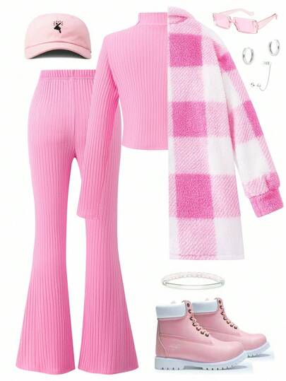 SHEIN ChillGRL طقم ملابس للمراهقات 3قطع لون وردي: جاكيت بياقة منقوشة بأكمام طويلة و تيشيرت رقبة عالية أكمام طويلة و بنطال واسع الساق قطعة واحدة