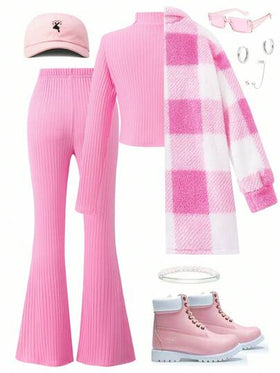 SHEIN ChillGRL طقم ملابس للمراهقات 3قطع لون وردي: جاكيت بياقة منقوشة بأكمام طويلة و تيشيرت رقبة عالية أكمام طويلة و بنطال واسع الساق قطعة واحدة