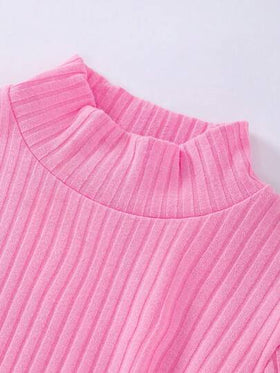 SHEIN ChillGRL طقم ملابس للمراهقات 3قطع لون وردي: جاكيت بياقة منقوشة بأكمام طويلة و تيشيرت رقبة عالية أكمام طويلة و بنطال واسع الساق قطعة واحدة