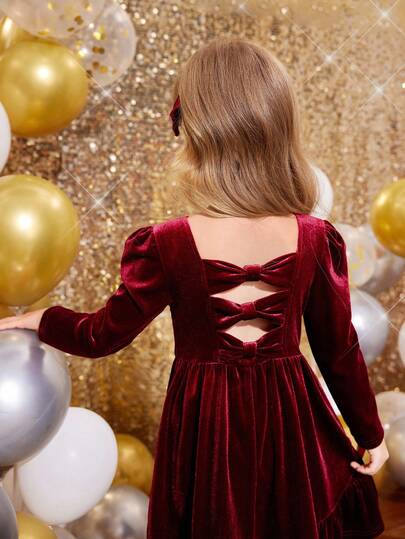 SHEIN فستان زينة شريط أسود 3D طفولي جميل للفتاة الصغيرة، فستان بسيط عادي أنيق، مناسب للخريف والشتاء، لكريسماس، للحفلات، لعيد الميلاد