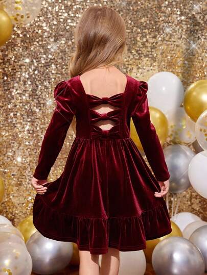 SHEIN فستان زينة شريط أسود 3D طفولي جميل للفتاة الصغيرة، فستان بسيط عادي أنيق، مناسب للخريف والشتاء، لكريسماس، للحفلات، لعيد الميلاد