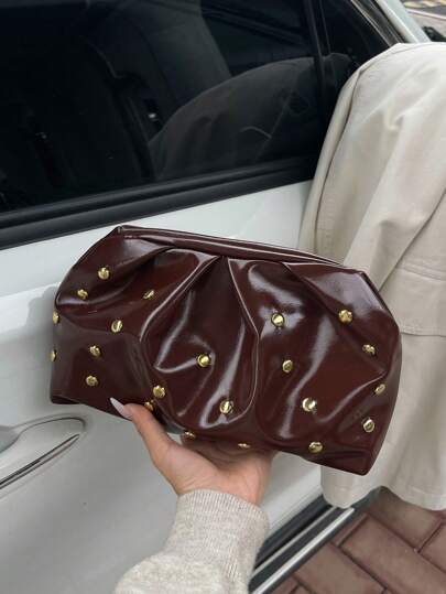 حقيبة يد ملونة بلون واحد بطراز قديم بسيط مزينة بالزوايا المطوية، حقيبة يد عصرية مناسبة للاستخدام اليومي والحفلات، مناسبة لعيد الحب