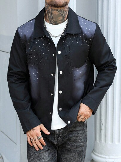 Manfinity Homme سترات وسترات رجالية لحفلة هالوين، جاكيت رجالية مرصعة بالراين ستون، جاكيت رجالية مرصعة بالمسامير، جاكيت رجالية مزينة، جاكيت رجالية بأزرار معشقة، جاكيت رجالية مرصعة بالراين ستون والمسامير