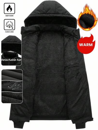 Manfinity Homme جاكيت كاجوال بغطاء رأس ذات لون أحادي، متعددة الاستخدامات للشتاء للرجال
