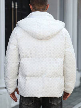 Manfinity CasualCool معطف قصير مبطن بأكمام طويلة مطبوع بالكامل مع كابوشون، معطف أبيض دافئ للشتاء مزود بسحاب، خريف