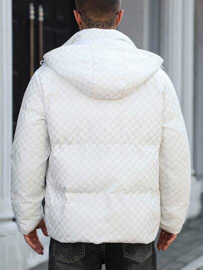 Manfinity CasualCool معطف قصير مبطن بأكمام طويلة مطبوع بالكامل مع كابوشون، معطف أبيض دافئ للشتاء مزود بسحاب، خريف