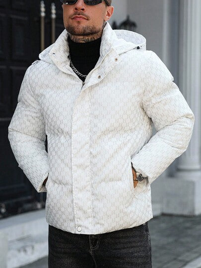 Manfinity CasualCool معطف قصير مبطن بأكمام طويلة مطبوع بالكامل مع كابوشون، معطف أبيض دافئ للشتاء مزود بسحاب، خريف