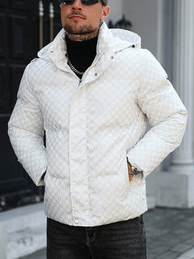 Manfinity CasualCool معطف قصير مبطن بأكمام طويلة مطبوع بالكامل مع كابوشون، معطف أبيض دافئ للشتاء مزود بسحاب، خريف