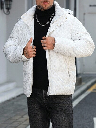 Manfinity CasualCool معطف قصير مبطن بأكمام طويلة مطبوع بالكامل مع كابوشون، معطف أبيض دافئ للشتاء مزود بسحاب، خريف