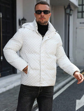Manfinity CasualCool معطف قصير مبطن بأكمام طويلة مطبوع بالكامل مع كابوشون، معطف أبيض دافئ للشتاء مزود بسحاب، خريف