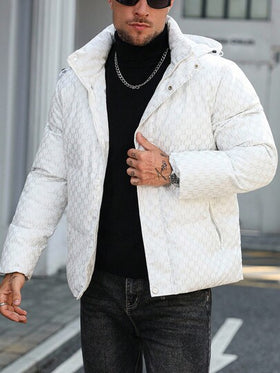 Manfinity CasualCool معطف قصير مبطن بأكمام طويلة مطبوع بالكامل مع كابوشون، معطف أبيض دافئ للشتاء مزود بسحاب، خريف