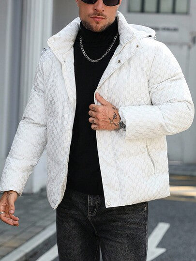 Manfinity CasualCool معطف قصير مبطن بأكمام طويلة مطبوع بالكامل مع كابوشون، معطف أبيض دافئ للشتاء مزود بسحاب، خريف