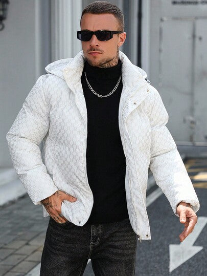Manfinity CasualCool معطف قصير مبطن بأكمام طويلة مطبوع بالكامل مع كابوشون، معطف أبيض دافئ للشتاء مزود بسحاب، خريف