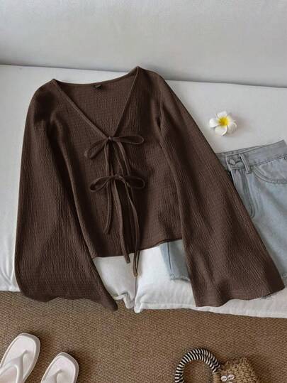 SHEIN LUNE ملابس علوية نسائية كاجوال بلون أحادي وياقة على شكل حرف V وأكمام واسعة مع عقدة أمامية، ملابس علوية ذات ياقة على شكل حرف V للربيع/الخريف باللون البني الداكن، ملابس علوية بني شوكولاتة، ملابس علوية بني قهوة، ملابس علوية بني مع ربطة أمامية، كاجوال