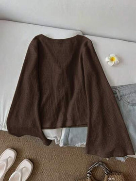 SHEIN LUNE ملابس علوية نسائية كاجوال بلون أحادي وياقة على شكل حرف V وأكمام واسعة مع عقدة أمامية، ملابس علوية ذات ياقة على شكل حرف V للربيع/الخريف باللون البني الداكن، ملابس علوية بني شوكولاتة، ملابس علوية بني قهوة، ملابس علوية بني مع ربطة أمامية، كاجوال