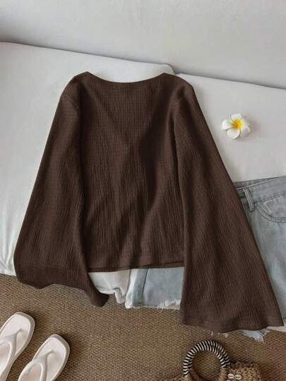 SHEIN LUNE ملابس علوية نسائية كاجوال بلون أحادي وياقة على شكل حرف V وأكمام واسعة مع عقدة أمامية، ملابس علوية ذات ياقة على شكل حرف V للربيع/الخريف باللون البني الداكن، ملابس علوية بني شوكولاتة، ملابس علوية بني قهوة، ملابس علوية بني مع ربطة أمامية، كاجوال