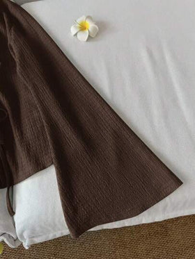 SHEIN LUNE ملابس علوية نسائية كاجوال بلون أحادي وياقة على شكل حرف V وأكمام واسعة مع عقدة أمامية، ملابس علوية ذات ياقة على شكل حرف V للربيع/الخريف باللون البني الداكن، ملابس علوية بني شوكولاتة، ملابس علوية بني قهوة، ملابس علوية بني مع ربطة أمامية، كاجوال