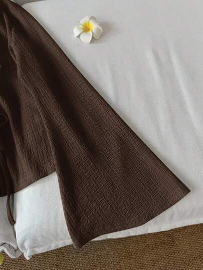 SHEIN LUNE ملابس علوية نسائية كاجوال بلون أحادي وياقة على شكل حرف V وأكمام واسعة مع عقدة أمامية، ملابس علوية ذات ياقة على شكل حرف V للربيع/الخريف باللون البني الداكن، ملابس علوية بني شوكولاتة، ملابس علوية بني قهوة، ملابس علوية بني مع ربطة أمامية، كاجوال
