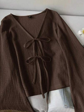 SHEIN LUNE ملابس علوية نسائية كاجوال بلون أحادي وياقة على شكل حرف V وأكمام واسعة مع عقدة أمامية، ملابس علوية ذات ياقة على شكل حرف V للربيع/الخريف باللون البني الداكن، ملابس علوية بني شوكولاتة، ملابس علوية بني قهوة، ملابس علوية بني مع ربطة أمامية، كاجوال