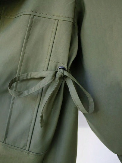 معطف طويل الأكمام للنساء مصنوع من قماش منسوج، له طوق وسحاب وجيوب، تصميم طول منتظم، مناسب للخريف والشتاء والربيع