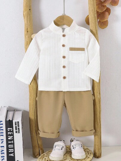 SHEIN Vintaside Kids مجموعة ملابس علوية اطفال ولادي بياقة قائمة وأكمام قصيرة مع أزرار و جيوب، وشورت خصر مطاطي، أسلوب كاجوال، رجعي،فضفاض ومريح للصيف، قطعتان